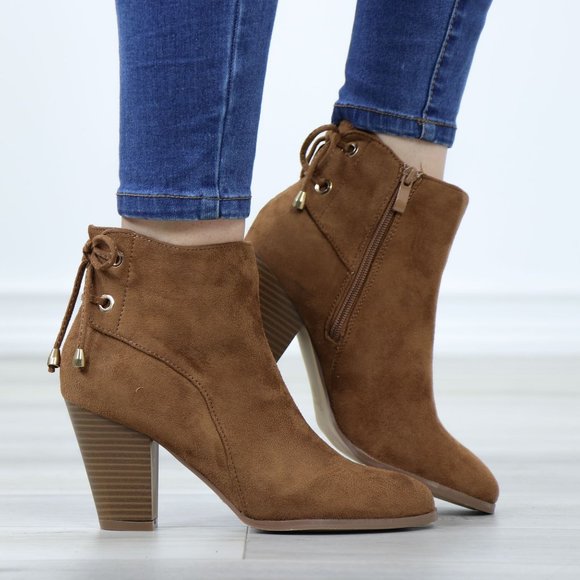 Brown Faux Suede Pointed Toe Low Heel Ankle Boots Back Laces Booties - Picture 3 of 12